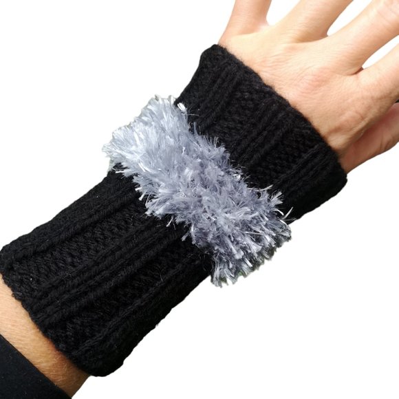 Fuzzy Fingerless Knit Gloves Wrist Hand Warmer Unisex Black Grey Made in… - Picture 2 of 8